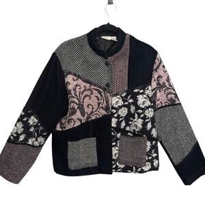 Vintage Patchwork Tapestry Jacket Black Floral Multicolor Size 14 Cottagecore
